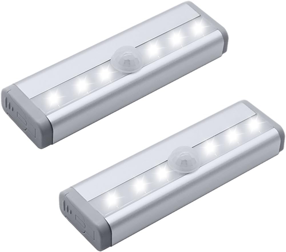 Closet Lights 6 LEDs Mini Size Motion Sensor Night Light Wall Cabinets Lighting Closet Drawer Stairs Step with Security Light Bed Lights, Battery Powered(2-Pack)