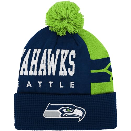 Outerstuff NFL Little Kids 4-7 Tailgate Cuffed Pom Beanie Hat, Seattle Seahawks, Navy