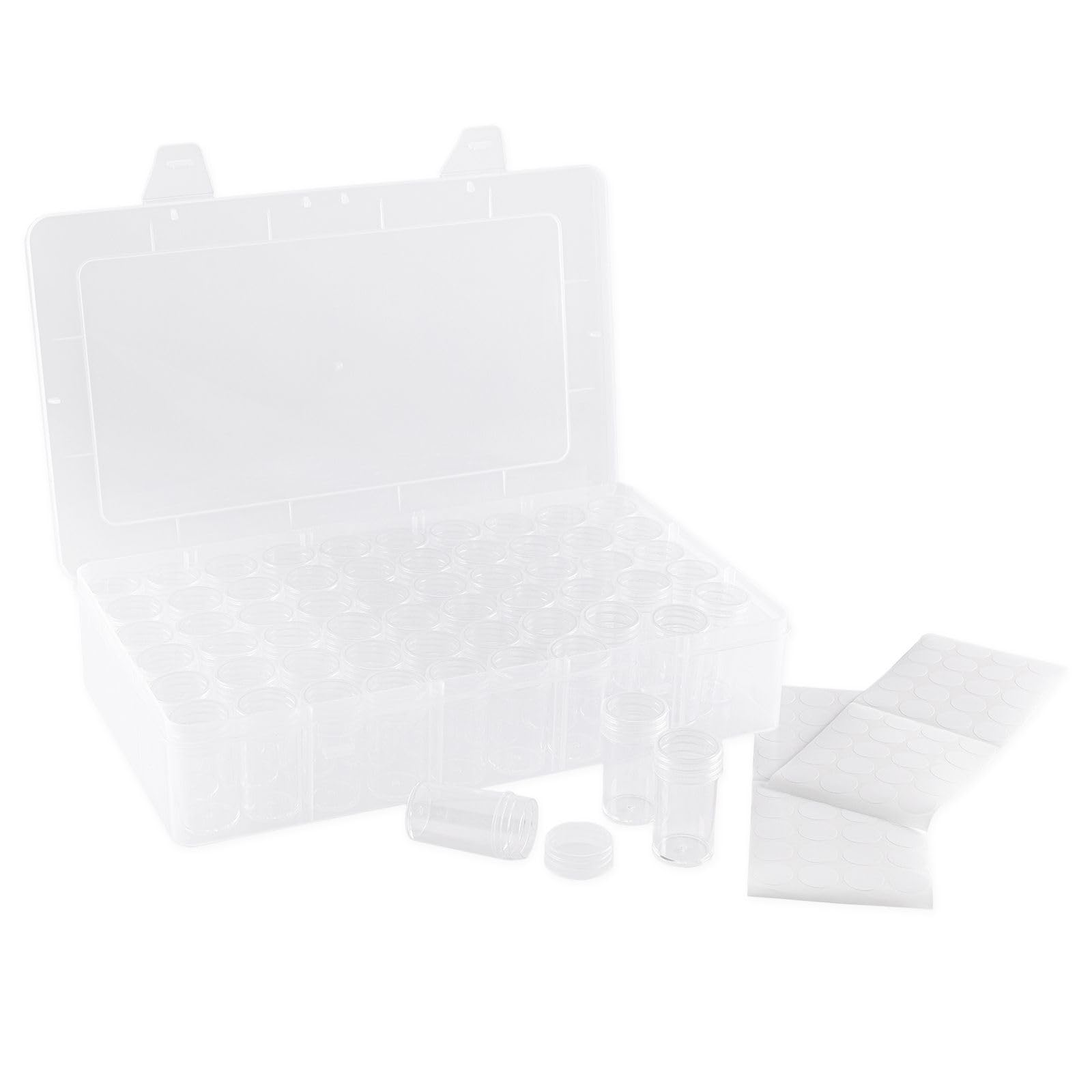 Vaessen Creative Plastic Storage Box with Lid - 10.8 x 6.5 x 3.3" - with 60 Jars - Clear Organiser for Sewing, Diamond Art, Small Accessories and Craft Supplies