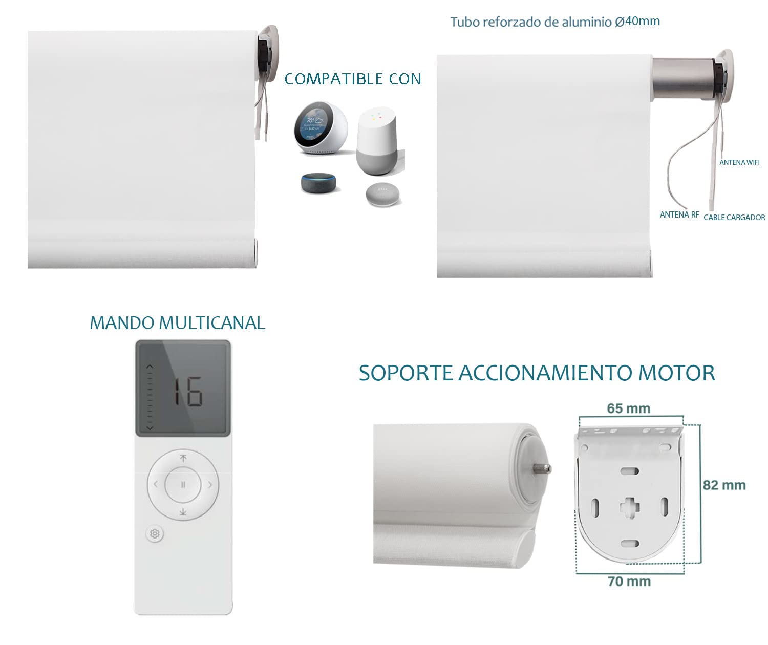 SmartRoll Battery.Estor Enrollable con batería Recargable.Mando a Distancia.Opción Wi-Fi con Puerta de Enlace Zigbee(no incluida).Ajustamos a Medida, sin Cargo y con una Llamada.Medidas Ancho x Alto.