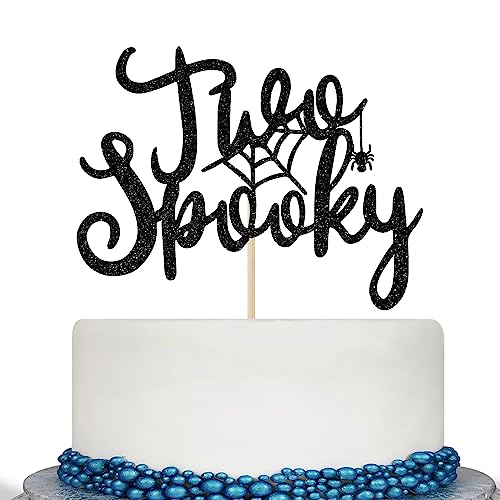 Two Spooky Cake Topper, Halloween 2nd Birthday Cake Decor, Two Spooky Birthday Decorations, Halloween Birthday Baby Shower Party Decorations Black Glitter
