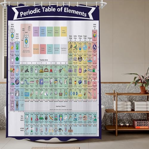Tende da Doccia Antimuffa 120x180 Tavola Periodica, Tende Vasca da Bagno Scienza Popolare con 8 Ganci Impermeabile Tendina Doccia 3D Lavabile in Lavatrice A.1416