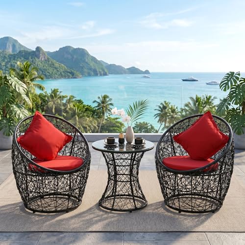Image of OUTLIVING Outdoor Two Seater Rattan & Wicker Conversation Mudda Set | UV & Water Resistant Patio & Garden Furniture Set with 4 Cushion, 2 Chairs & Center Table with Glass Top| Black & Red