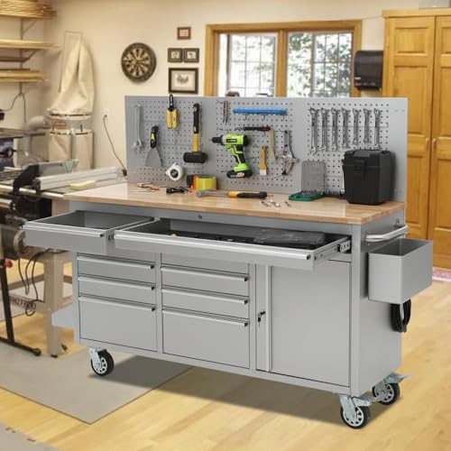 Image of PeakPursuit 61 inch Rolling Tool Chest with 10 Drawers, Workbench Cabinet with Power Strip, Solid Rubber Wood Top, Pegboard, 1675 LBS Load, Mobile Heavy Duty Garage Storage, Locking Wheels, Silver