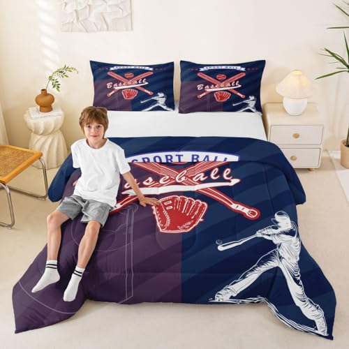 Image of Feelyou Boys Baseball Theme Comforter Set Toddler Size Baseball Player Bedding Set for Kids Boys Girls Sport Ball Duvet Quilt Navy Blue Bedroom Decor 2 Pcs with 1 Pillow Cases