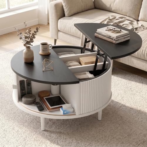 Cobinery Lift Top Round Coffee Table with Storage, 31.5" Fluted Coffee Table for Living Room, Mid Century Modern Coffee Table with Sliding Door, Accent Table for Small Space(Black & White)