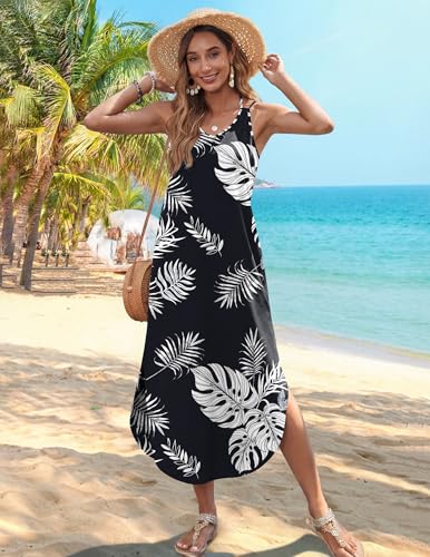 Image of Zeagoo Women's Casual Sundress Summer Maxi Sleeveless V Neck Split Boho Beach Dress Travel Vacation Dress with Pockets