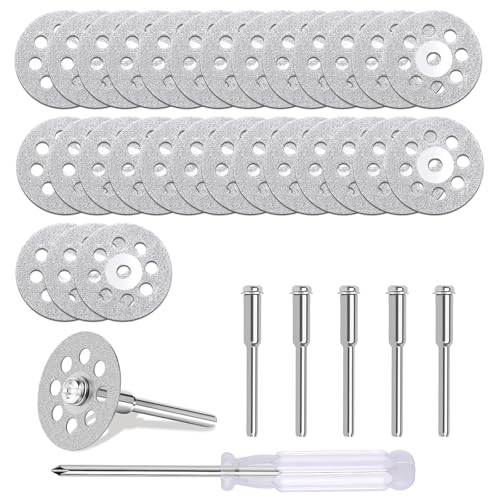 30 PCS Auxiren Professional 545 Diamond Cutting Discs，Diamond Cutting Wheel Kit for Dremel Rotary Tools | 22mm Blades + 6 Mandrels & Screwdriver