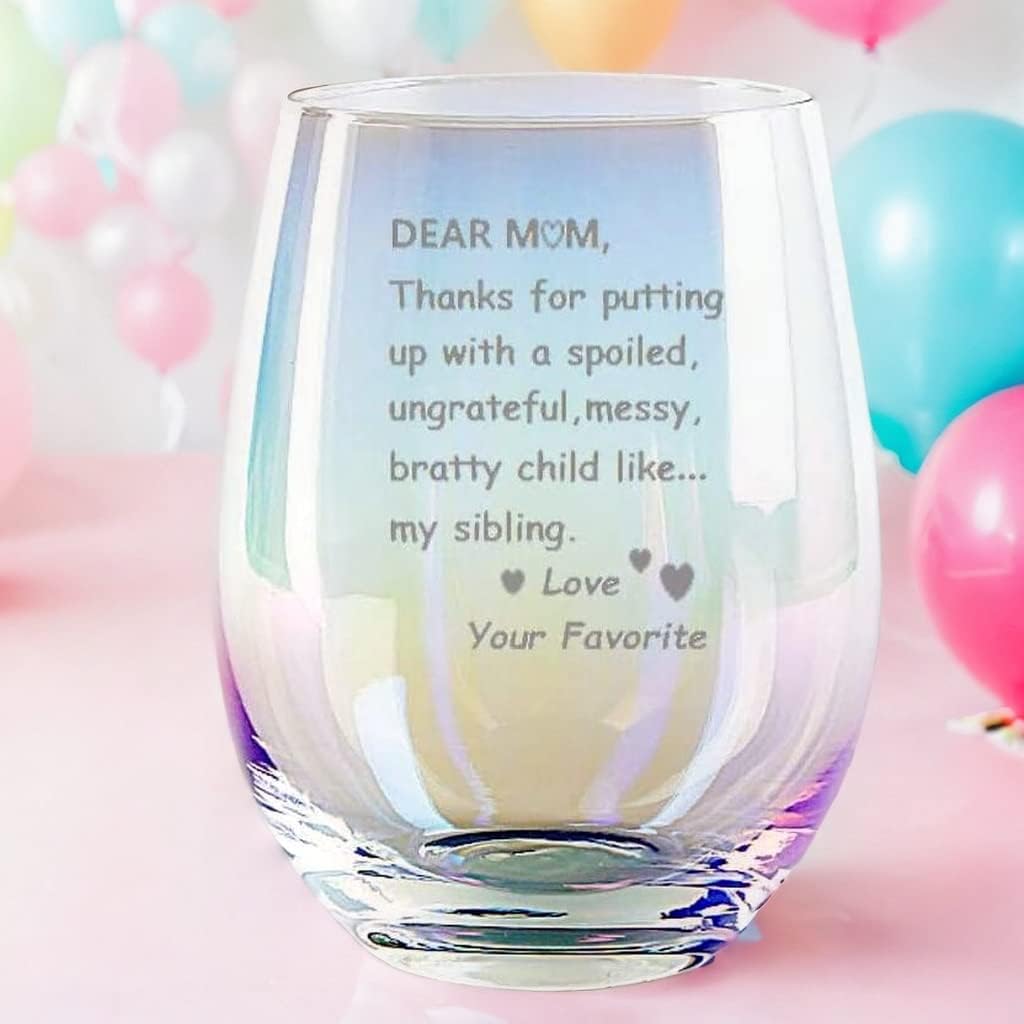 Valentines Day Gifts for Mom from Son, Your Favorite Child Funny Handmade Etched Rainbow Wine Glass 18 Ounces - Image 2