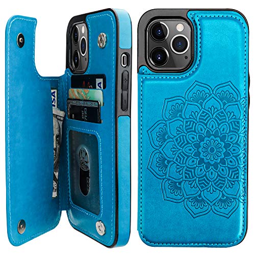 Vaburs Compatible with iPhone 12 Pro Max Case Wallet with Card Holder,Embossed Mandala Pattern Flower PU Leather Double Magnetic Buttons Flip Shockproof Cover for iPhone 12 Pro Max 6.7 Inch(Blue)