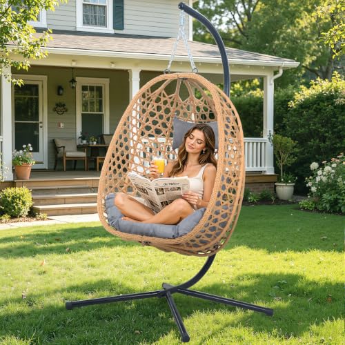 Image of Outdoor Hanging Egg Chair with Stand,Patio Rattan Hammock Chair,Grey