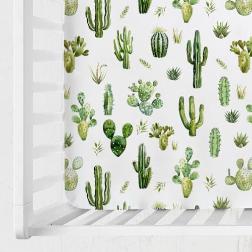 Image of Watercolor Green Cactus Baby Crib Sheet 52''x28'' Boho Cactus Leaves Stretchy Fitted Crib Mattress Cover for Boy Girl Wild Desert Plants Soft Baby Bed Sheets for Standard Crib and Toddler Mattress