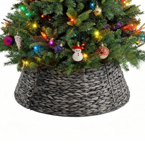 Sweetcrispy 24inch Christmas Tree Collar for 4.5-6ft Trees, Woven Hyacinth Rattan 4-Panel Collar w/Cord Access Hole & Easy Lock Design, Black
