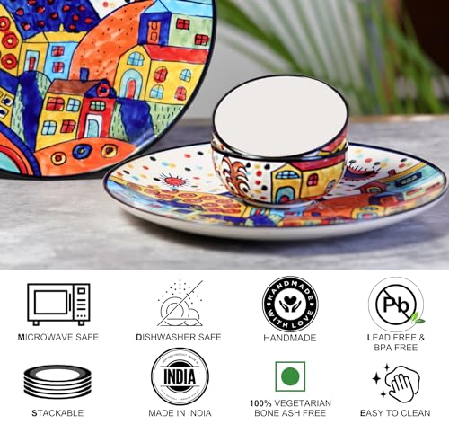 Image of Freakway Hut Family Hand-Painted Glossy Dinner Set Ceramic Stoneware Dinner Set of 4 Pieces | 2 Dinner Plate 10.3 Inch & 2 Serving Bowls 180 Ml | Dishwasher & Microwave Safe - Multicolor