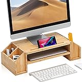Bamboo Monitor Stand - 2 Tiers Computer Monitor Riser with 4 Pockets Storage Organizer, Cellphone Holder, Desk Organizer for Office Accessories for Printer, Computer, Laptop, Notebook, MR3-SG