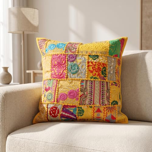 Image of Ravaiyaa - Attitude is everything Set of 5 Handmade Khambadiya Patchwork Cotton Cushion Cover 16X16 Inch | Decorative Cotton Throw Pillow Covers | Bohemian Vintage Embroidered Sofa Cushions