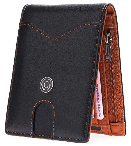 Preisvergleich Produktbild CASIMIRRI 1892 ® Herrenbrieftasche, Clip, schlank, schlank, Junge, mit RFID-Blockierung, Herrengeldklammer, Geschenk, Kreditkarteninhaber, Banknotenhalter, Jungenbrieftasche (Schwarz / Orange)