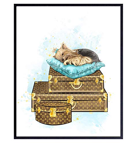 Poster of LV Louis Vuitton Wall Decor - Yorkie, Yorkshire Terrier High Fashion Design Wall Art - Glam Decor for Women, Girls Room, Teens Bedroom - Designer Luggage - Tiffany Blue Gift for Dog Lovers