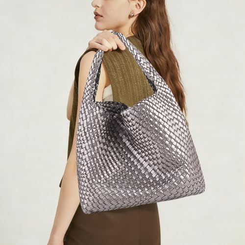 Image of Woven Tote Bag For Women, Large Vegan Leather Travel Handbag, Casual Work Shoulder Bag, Underarm Commuter Hobo Bag With Purse