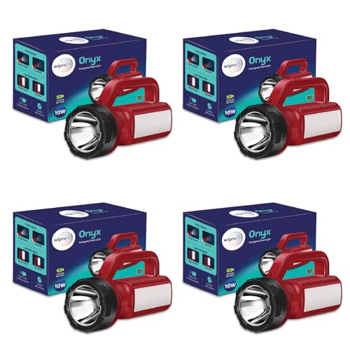 Image of Wipro Onyx Emergency Flash Light | Long Range Torch with Upto 4 Hours Back up | 10w Torch with 2200 mAh Battery and Type C Fast Charging | 4 Modes of Lights | Pack of 4