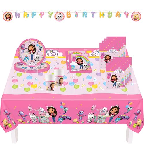 Procos PRO10245290DY - Set de fête XL Gabby's Dollhouse, 46 pièces, assiettes, nappe, gobelets, serviettes, sacs, bannières, set de vaisselle, vaisselle pour enfants