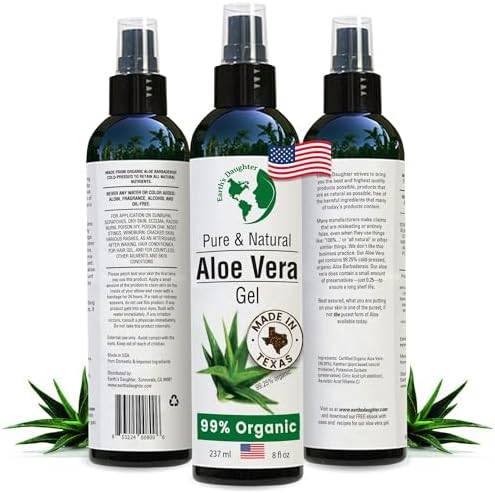 Earth's Daughter Premium Organic Aloe Vera Gel from Fresh Cut 100% Pure Organic Aloe leaves – TopQuality Fast Absorbing for Face, Skin, Hair & Body – Vegan, Unscented, Natural - 8 Oz USA Made