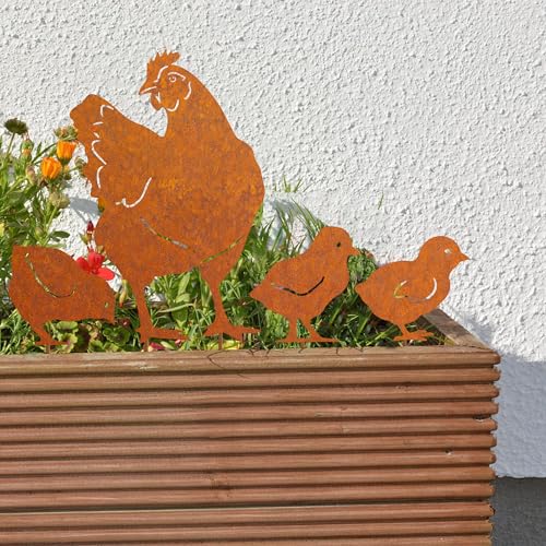 JYUECIAN Hühner Gartenstecker 4er Ostern Rost Deko Gartendeko für Draußen, Edelrost Metall Huhn Küken Roststecker Bauernhof Frühling Deko