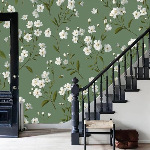 Papier peint panoramique fleurs blanches pour masquer mur salon