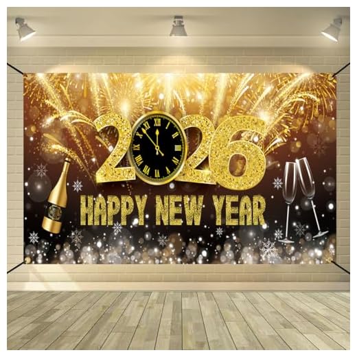 Decoracion Nochevieja 2026 Gran Pancarta de Fondo para Año Nuevo 2026, Decoración XXL para Año Nuevo, Pancarta de Tela Happy New Year 2026 para Fiestas Interior y Exterior