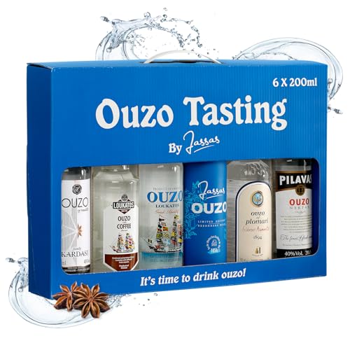 Jassas Ouzo Tasting Set 6x200ml Variante 1 - Probierset mit 6 Sorten - feinste Spirituosen in praktischer Geschenkbox - traditioneller Familienbetrieb