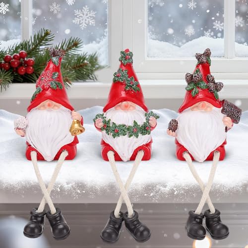 Homiton Christmas Figurines, Set of 3 Resin Christmas Gnomes Shelf Sitters with Dangling Legs, Xmas Table Fireplace Figurines Ornament for Home Indoor Holiday Decorations (Gnomes)