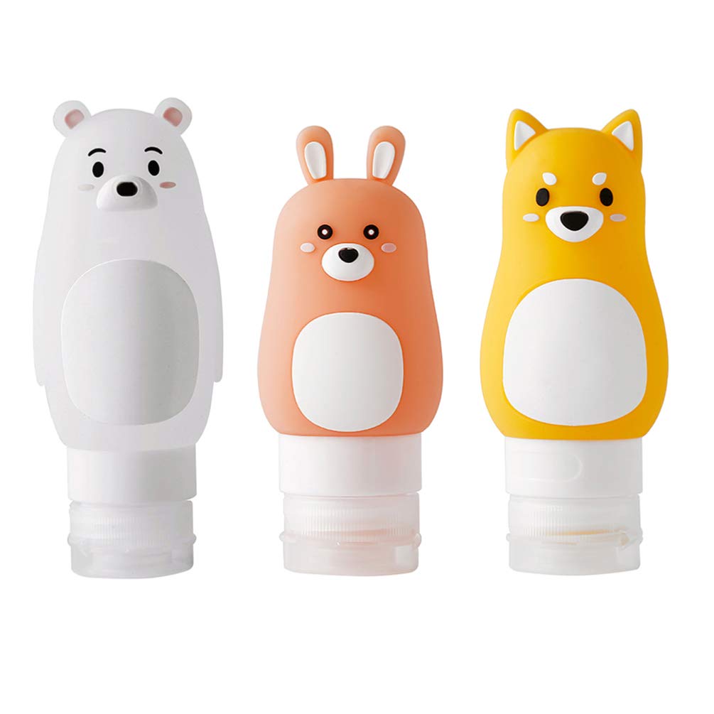 PRETYZOOM Travel Toiletry Bottles Set of 3 Refillable Portable Lotion Shampoo Dispenser Bottles with Cartoon Rabbit Shiba Inu Bear Design Lightweight Squeeze Bottles for Travel 5.31X2.08X1.77In