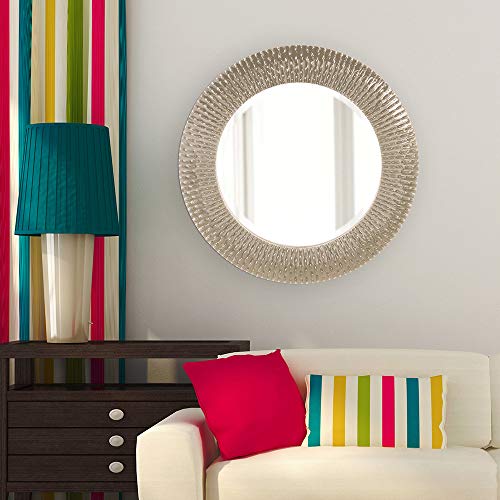 Image of Howard Elliott Collection Bergman Round Wall Mirror, Textured Ribbed Frame with Glossy Nickel Finish, Decorative Accent Mirror, Ready to Hang, 32H x 32W x 1D, Nickel