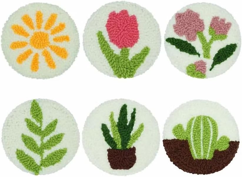 Punch Needle Coaster Kit 6 Patterns Sun Floral Tufted Rug Pads, DIY Needle Punch Coaster Kit for Adults Beginners with Adhesive Felt Yarns Embroidery Hoop Tools Instruction