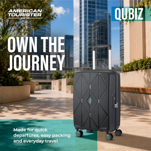 Image of American Tourister Qubiz | Cabin Trolley Bag (55 cm) | 360 8 Wheel Travel Luggage | Hard Case Polypropylene Suitcase | Recessed Combination Lock | Black /Dark Olive