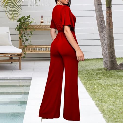Image of PaladMom Womens Elegant Plus Size Jumpsuits Sexy Back zipper Short Sleeve Mid Waist Wide Leg Straight Rompers