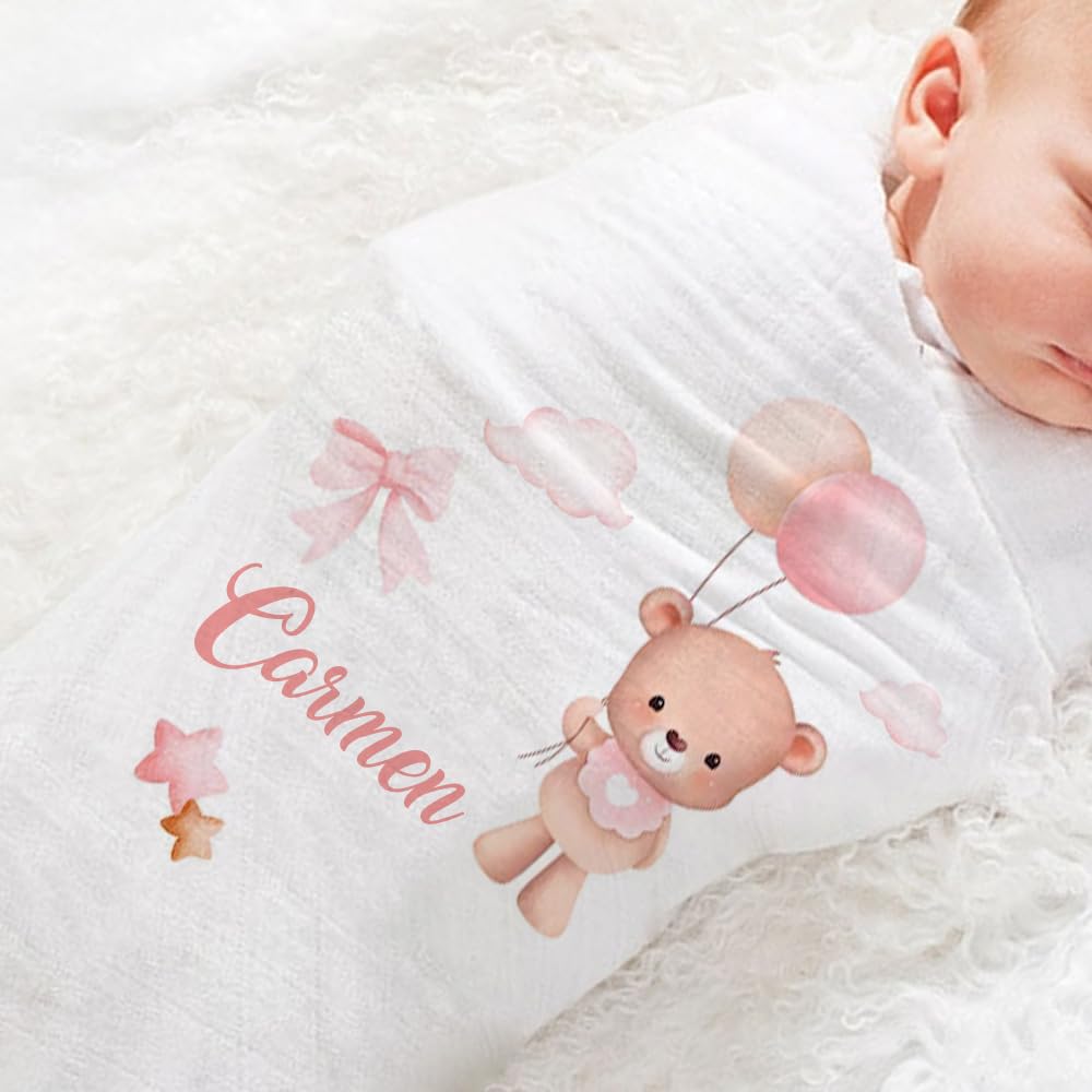 Set 3 Pezzi Mussole Personalizzate Bimba Orsetto Regalo Neonato Cotone Bambù 70x70cm