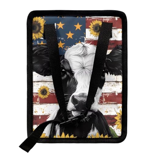 Image of Talayituse Cow Sunflower American Flag Print Car Trash Can with Adjustable Straps, Foldable Car Trash Bag Bin Car Garbage Bag Multipurpose Storage Box for Vehicle Travel Camping Picnicing