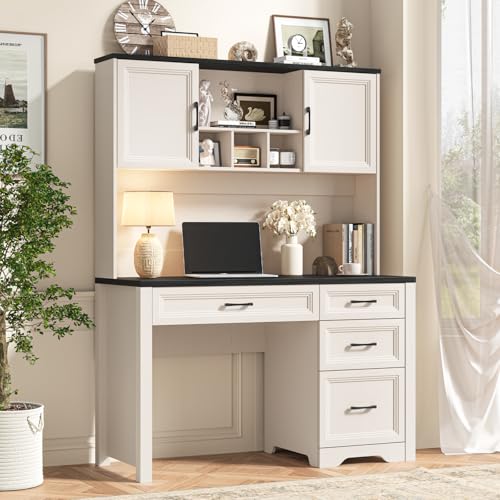 Image of Vabches Farmhouse Executive Desk with 4 Drawers and Storage Cabinet, Rustic Large Home Writing Desk with Hutch, Workstation for Bedroom, Black.