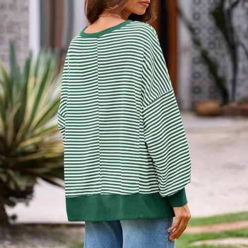 Womens Striped Long Sleeve Shirt Waffle Knit Crewneck Oversized Sweatshirt - image 6