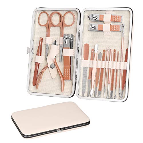 Manicure Set, 18 in 1 Professional Stainless Steel Nail Set Pedicure Toenails Cuticle Cutter Clipper Fingernails Grooming Kit with Pink Leather Travel Case (Pink)