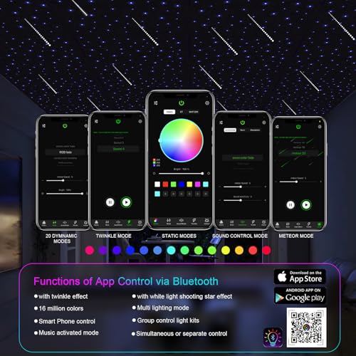 Image of Starlight Headliner Kits, 550pcs 9.8ft Twinkle & Meteor Fiber Optic Lights | 240pcs Pure White Shooting Star Lights for Car /Home, APP /Remote, RGBW Music Sync Star Ceiling Sky Decoration for SUV /Truck