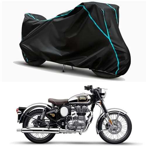Image of Waterproof Bike Body Cover Compatible for | Royal Enfie Classic 350 Chrome | Taffeta Fabric, Sky Piping Design, Bottom Elastic Fit | Dustproof, Sun UV & Rain Protection for All Weather.