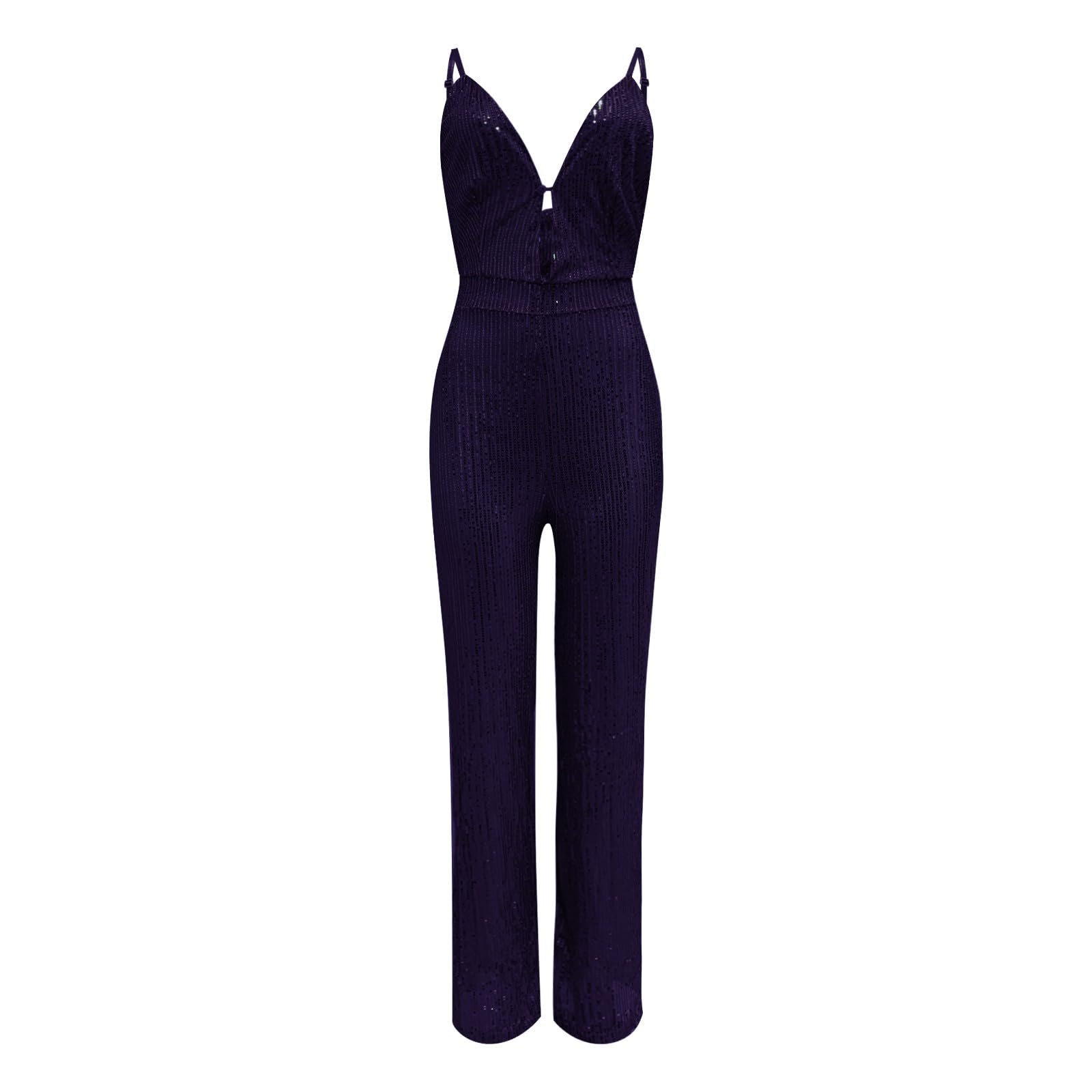 Generisch Tuta da donna per feste, elegante, rossa, con brillantini, elegante, senza maniche, con scollo a V, senza spalline, con paillettes, pantaloni a zampa, per Carnevale.