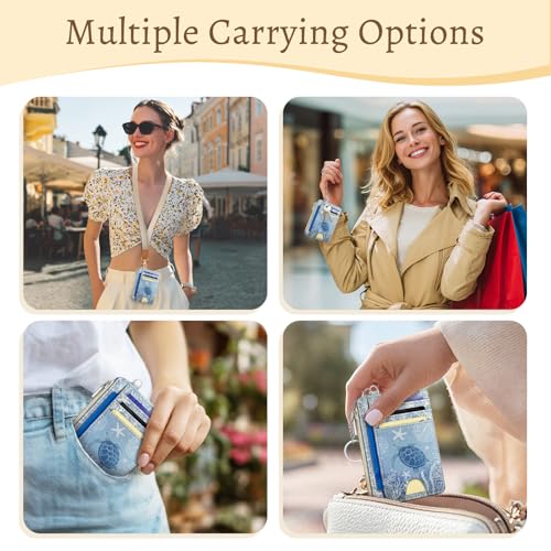 Image of Kelvoris Sea Turtle Credit Card Holder Small Wallet Women, Blue Ocean Slim RFID Wallet Woman Keychain with Zipper Coin Pocket, Front Pocket Thin Travel Card Case Organizer with ID Window Ladies Gifts