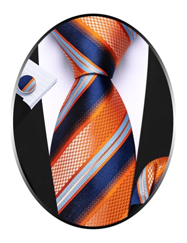 Image of Barry.Wang Man Stripe Ties Set Silk Woven Pocket Square Necktie Cufflinks Formal Party Business