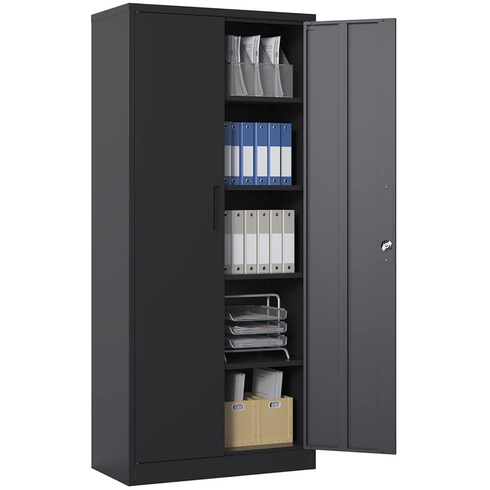 BIZOEIRON Metal Storage Cabinet with 4 Adjustable Shelves, Garage Tool Cabinet with 2 Lockable Doors for Office, Home, Garage, Require Assembly, Black