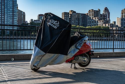 Nuzari Heavy Duty Small 250cc Motorcycle Cover - Motorcycle Covers Waterproof Outdoor Storage - Vespa Cover Waterproof Outdoor - Heavy Duty E- Bike Moped Covers (Black/Silver, Small) - Thumbnail 4