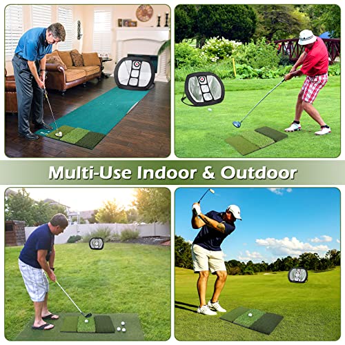 Tri-Turf Golf Mat With Training Net, Portable Golf Hitting Mat & Golf Chipping Net Set For Swing Golfing Practice - Heavy Duty Folding Turf Indoor/Outdoor Pad #TOP5