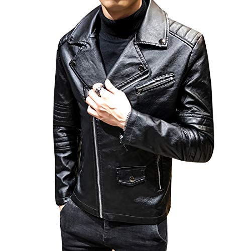Men`s Casual Slim Fit Rider Trucker PU Faux Leather Jacket (X-Small, Black 2)2